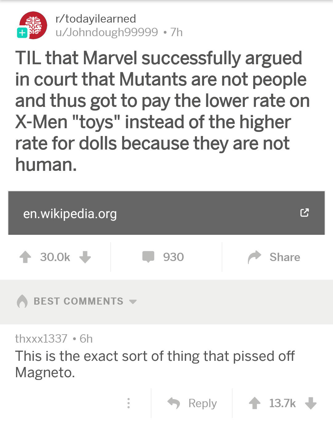 Til that Marvel successfully argued in court that Mutants are not people and thus got to pay the lower rate on XMen