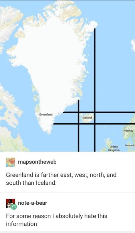 Greenland Iceland Demo United Kingdom mapsontheweb Greenland is farther east, west, north, and south than Iceland. noteabear For some reason I absolutely hate this information