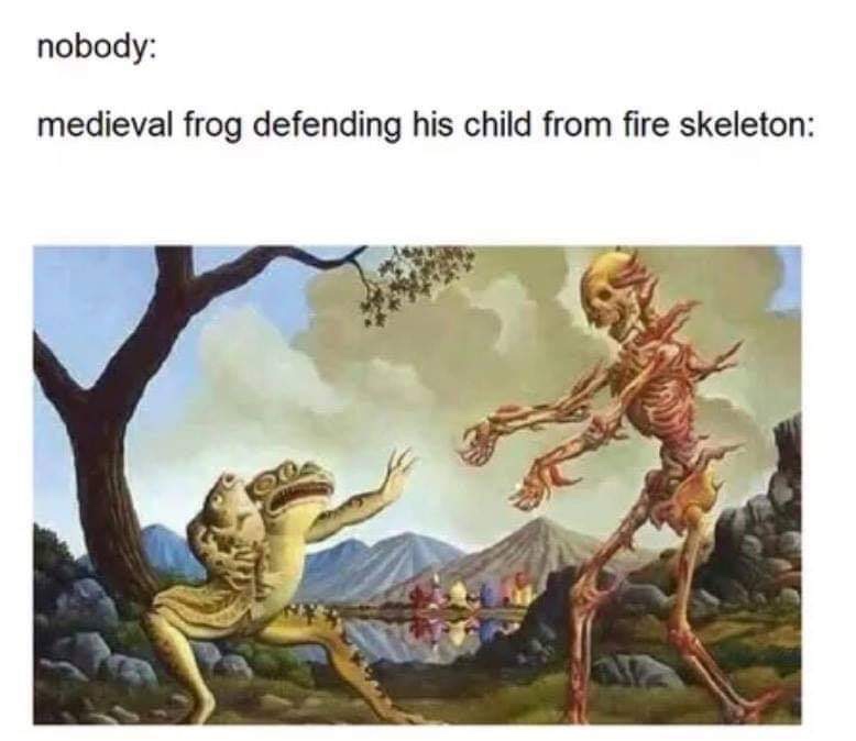 medieval frog fire skeleton - nobody medieval frog defending his child from fire skeleton