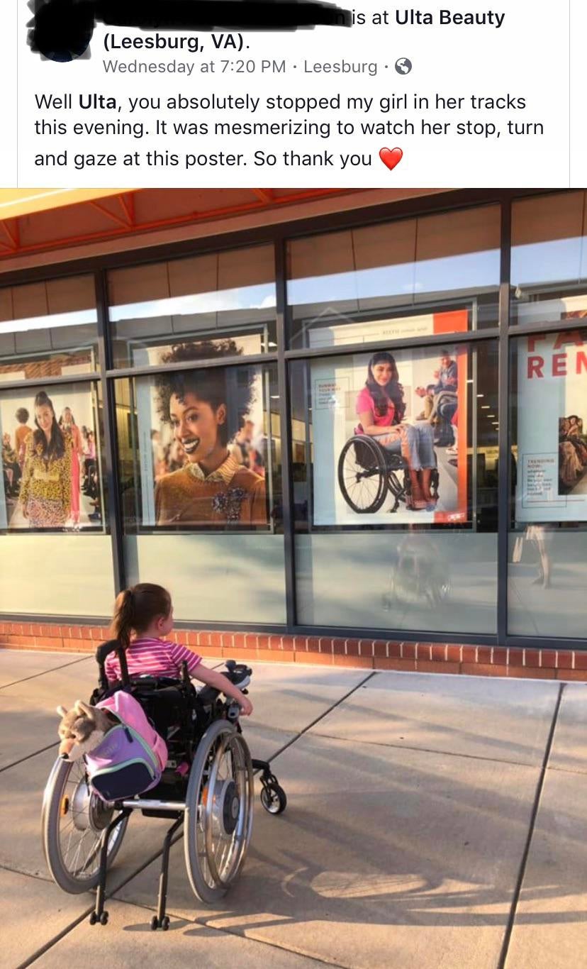 Wheelchair - mis at Ulta Beauty Leesburg, Va. Wednesday at . Leesburg. Well Ulta, you absolutely stopped my girl in her tracks this evening. It was mesmerizing to watch her stop, turn and gaze at this poster. So thank you Re