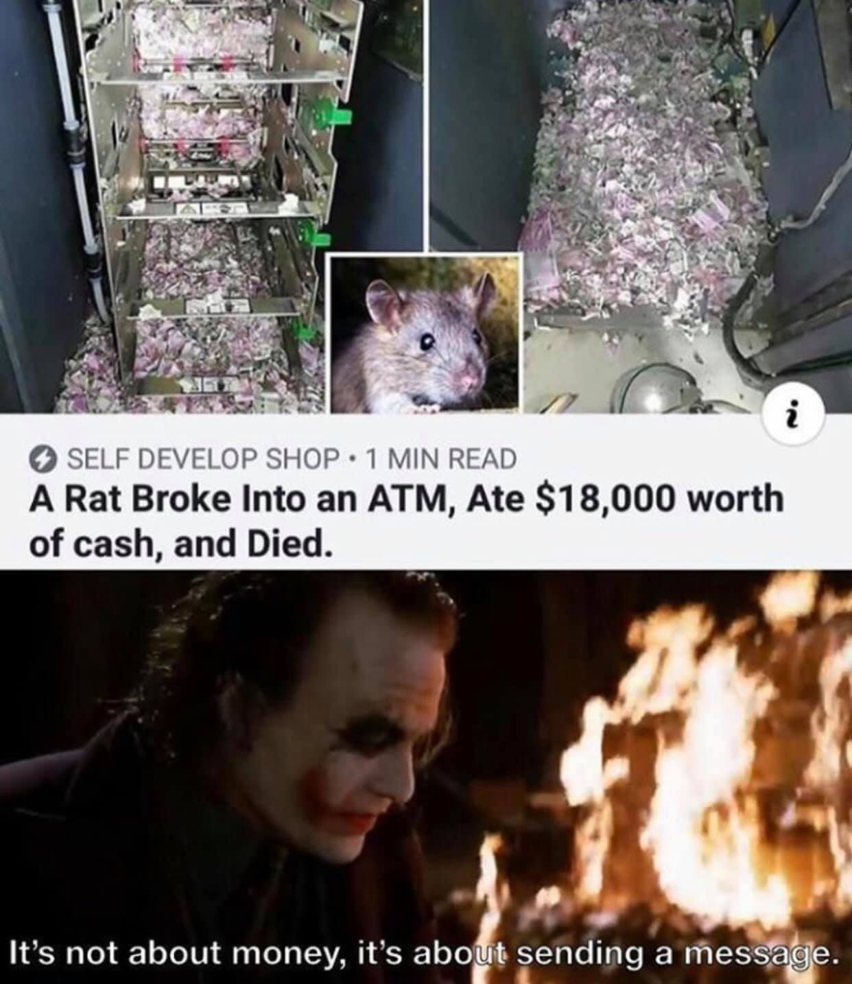 rat broke into atm - Self Develop Shop 1 Min Read A Rat Broke into an Atm, Ate $18,000 worth of cash, and Died. It's not about money, it's about sending a message.