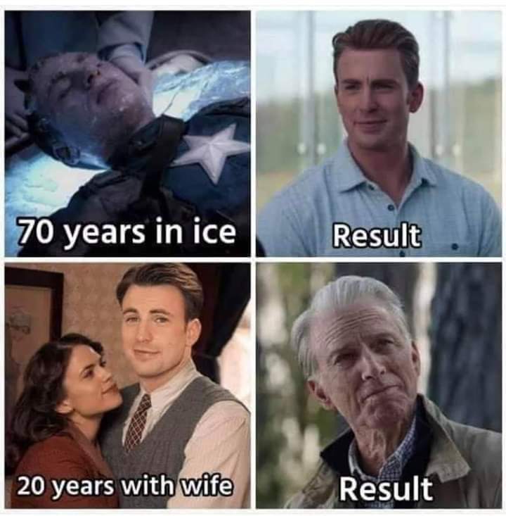 Captain America - 70 years in ice Result 20 years with wife Result