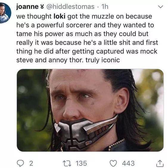 loki muzzle - joanne 8 . 1h we thought loki got the muzzle on because he's a powerful sorcerer and they wanted to tame his power as much as they could but really it was because he's a little shit and first thing he did after getting captured was mock stev