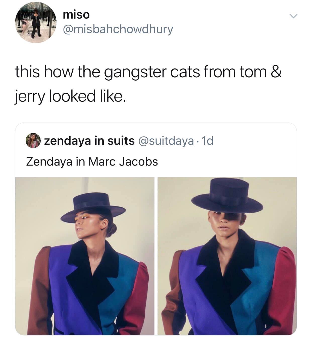 cobalt blue - miso this how the gangster cats from tom & jerry looked . zendaya in suits 1d Zendaya in Marc Jacobs