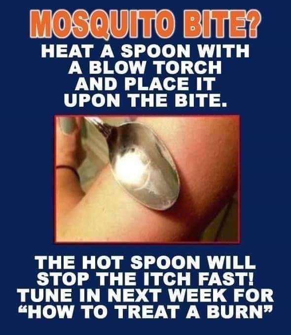 photo caption - Mosquito Bite? Heat A Spoon With A Blow Torch And Place It Upon The Bite. The Hot Spoon Will Stop The Itch Fast! Tune In Next Week For How To Treat A Burn