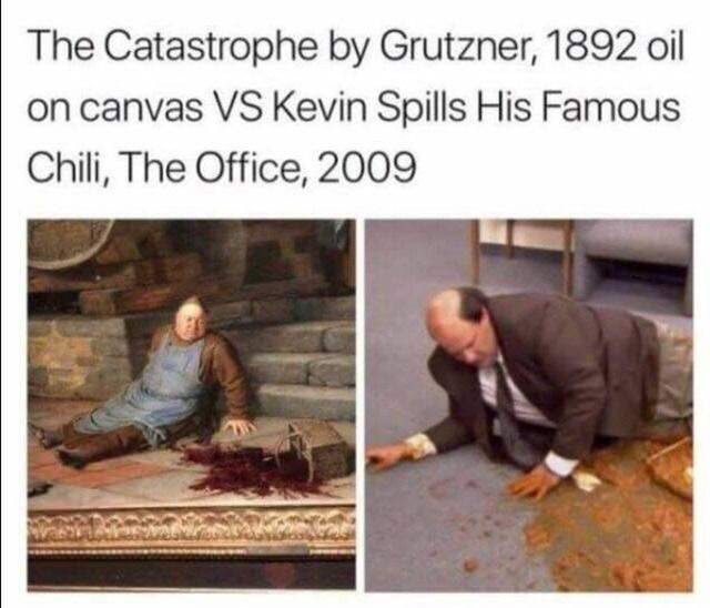 kevin the office chili - The Catastrophe by Grutzner, 1892 oil on canvas Vs Kevin Spills His Famous Chili, The Office, 2009