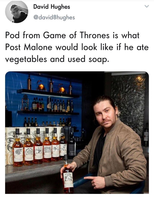 pod game of thrones post malone - David Hughes Pod from Game of Thrones is what Post Malone would look if he ate vegetables and used soap.
