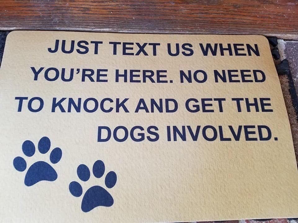 just text me when you get here no need to get the dogs involved - Just Text Us When You'Re Here. No Need To Knock And Get The Dogs Involved.