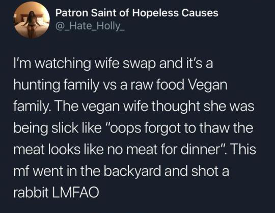 atmosphere - Patron Saint of Hopeless Causes I'm watching wife swap and it's a hunting family vs a raw food Vegan family. The vegan wife thought she was being slick "oops forgot to thaw the meat looks no meat for dinner". This mf went in the backyard and 