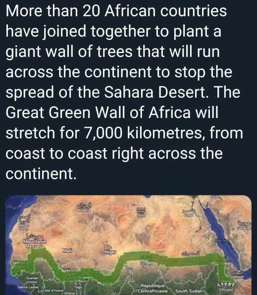 water resources - More than 20 African countries have joined together to plant a giant wall of trees that will run across the continent to stop the spread of the Sahara Desert. The Great Green Wall of Africa will stretch for 7,000 kilometres, from coast t