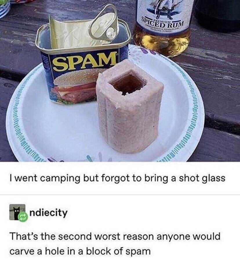 spam shot glass - Spicedcrum Spam I went camping but forgot to bring a shot glass M ndiecity That's the second worst reason anyone would carve a hole in a block of spam
