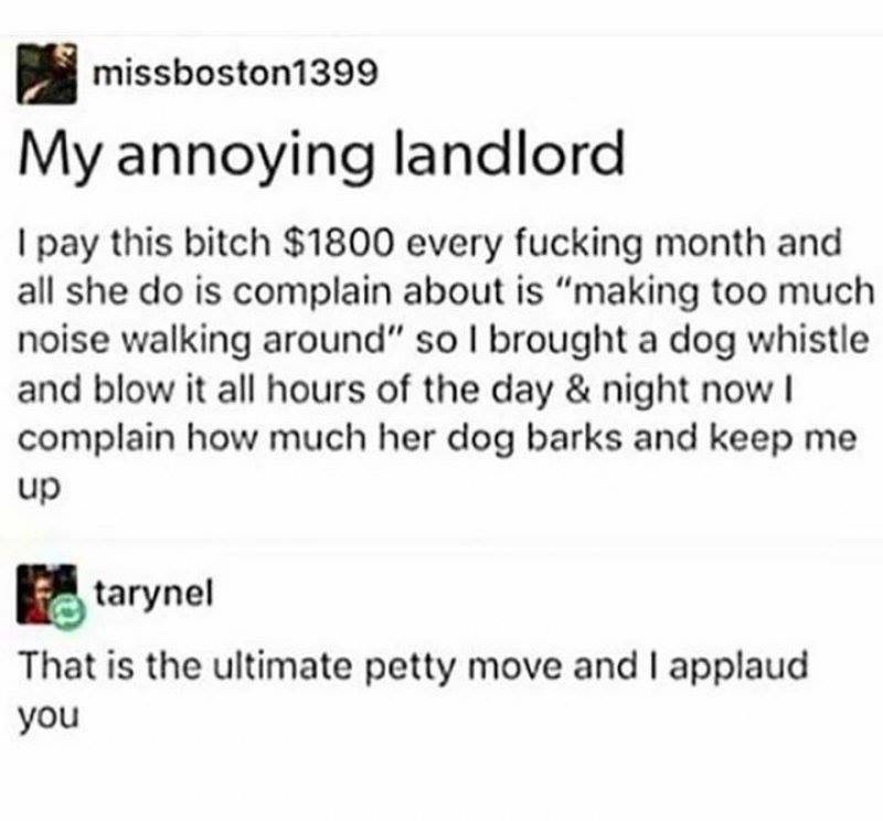ultimate petty move - missboston1399 My annoying landlord I pay this bitch $1800 every fucking month and all she do is complain about is "making too much noise walking around" so I brought a dog whistle and blow it all hours of the day & night now! compla