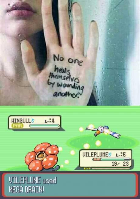vileplume meme - No one heals themselves by wounding another Hingull LE4 Vileplumes Lv5 19 23 Vileplume used Mega Drain!