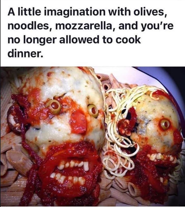 creepy spaghetti - A little imagination with olives, noodles, mozzarella, and you're no longer allowed to cook dinner. tak