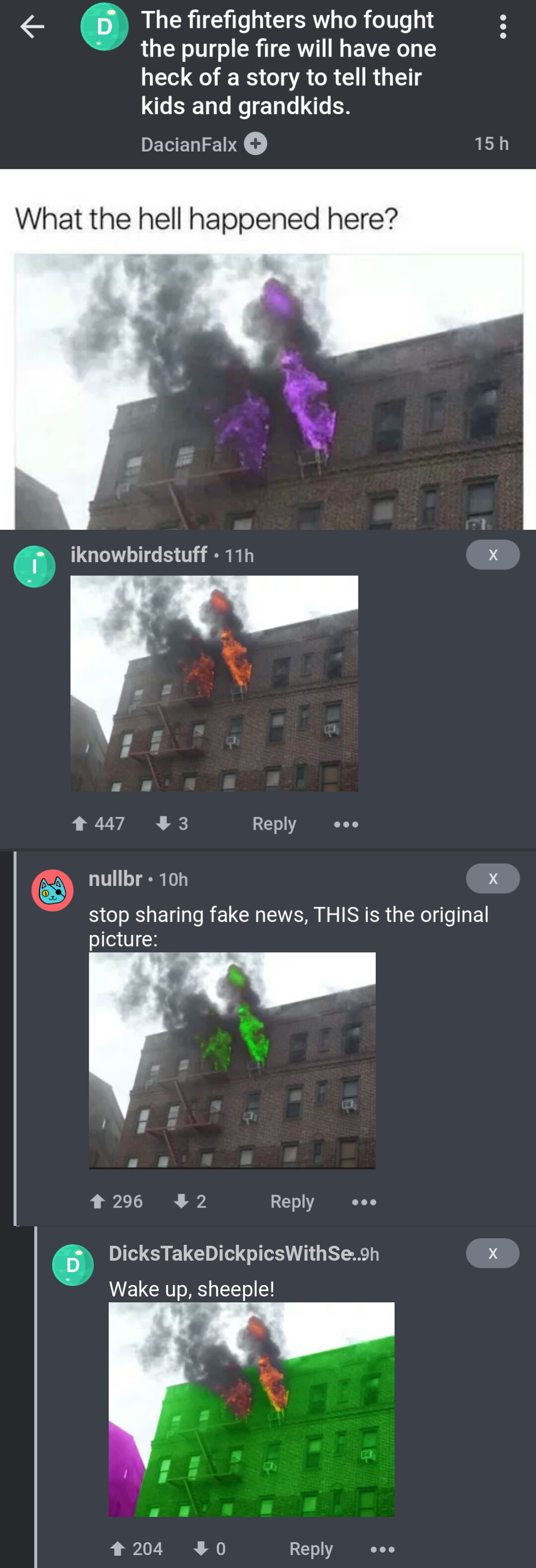 screenshot - The firefighters who fought the purple fire will have one heck of a story to tell their kids and grandkids. DacianFalx 15 h What the hell happened here? iknowbirdstuff 11h 1 447 13 ... X nullbr 10h stop sharing fake news, This is the original