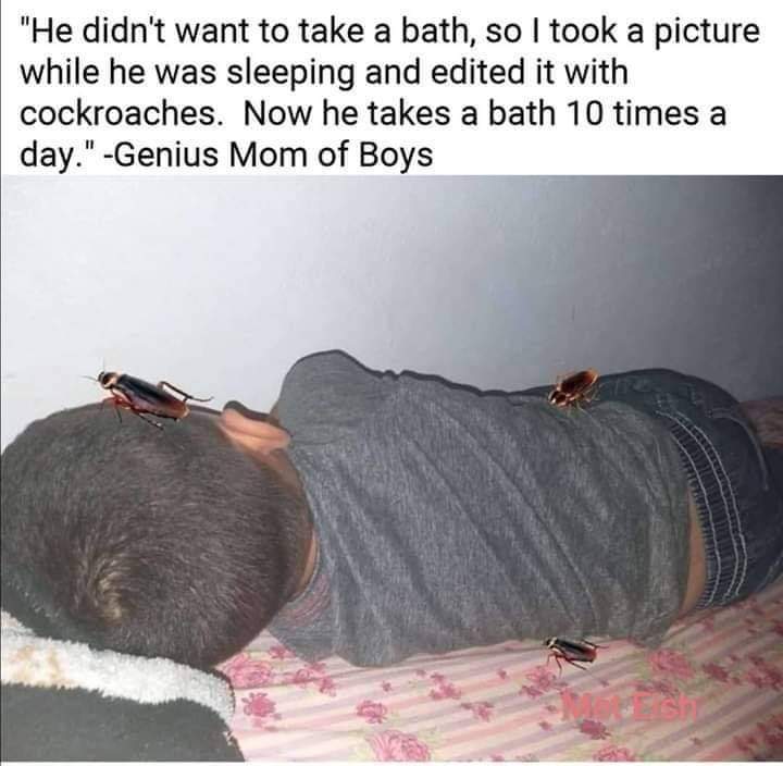 "He didn't want to take a bath, so I took a picture while he was sleeping and edited it with cockroaches. Now he takes a bath 10 times a day." Genius Mom of Boys