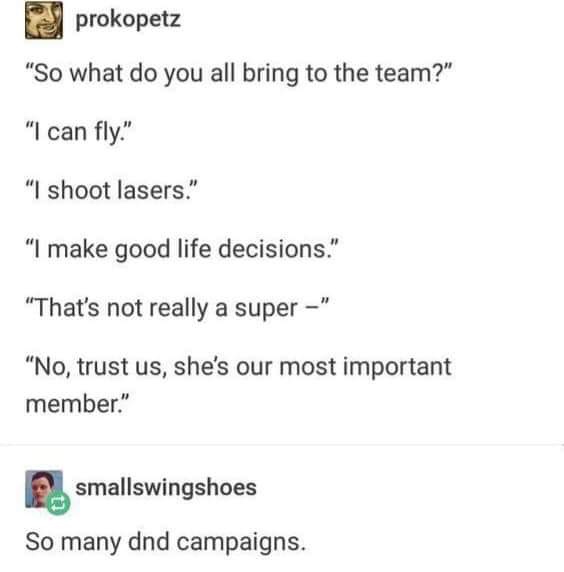 document - prokopetz "So what do you all bring to the team?" "I can fly." "I shoot lasers." "I make good life decisions." "That's not really a super " "No, trust us, she's our most important member." smallswingshoes So many dnd campaigns.