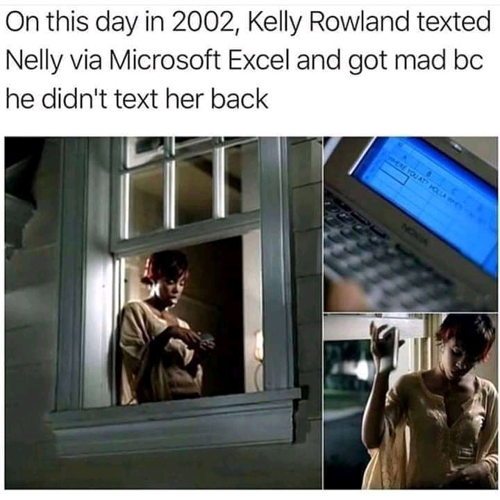 Kelly Rowland - On this day in 2002, Kelly Rowland texted Nelly via Microsoft Excel and got mad bc he didn't text her back
