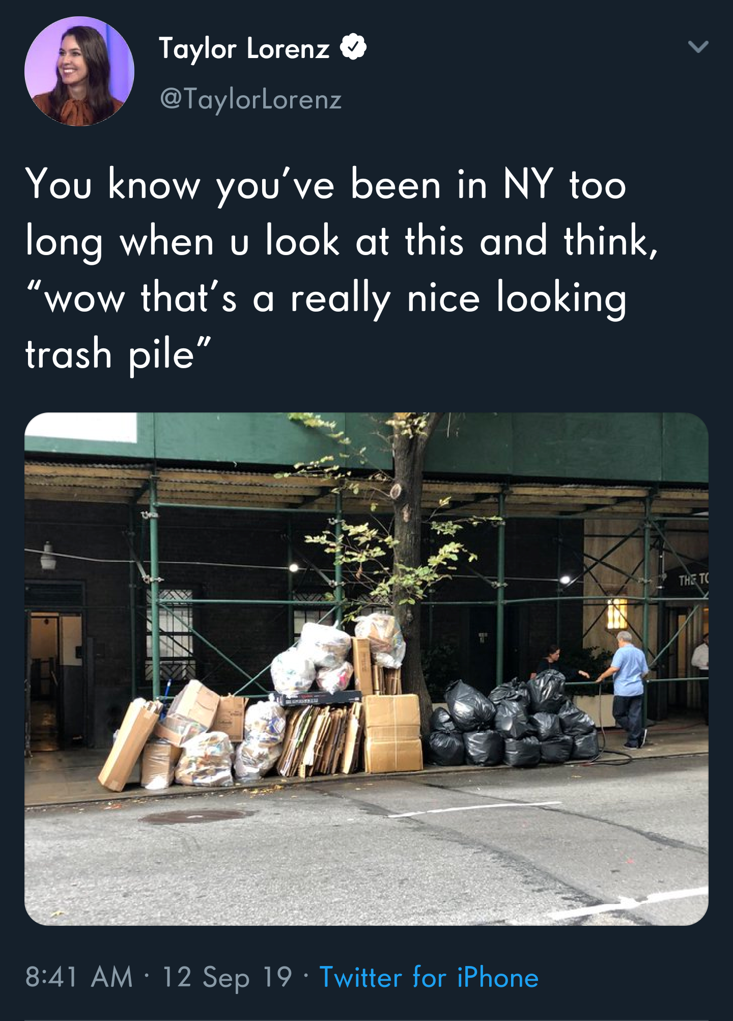 Taylor Lorenz You know you've been in Ny too long when u look at this and think, wow that's a really nice looking trash pile 12 Sep 19 Twitter for iPhone