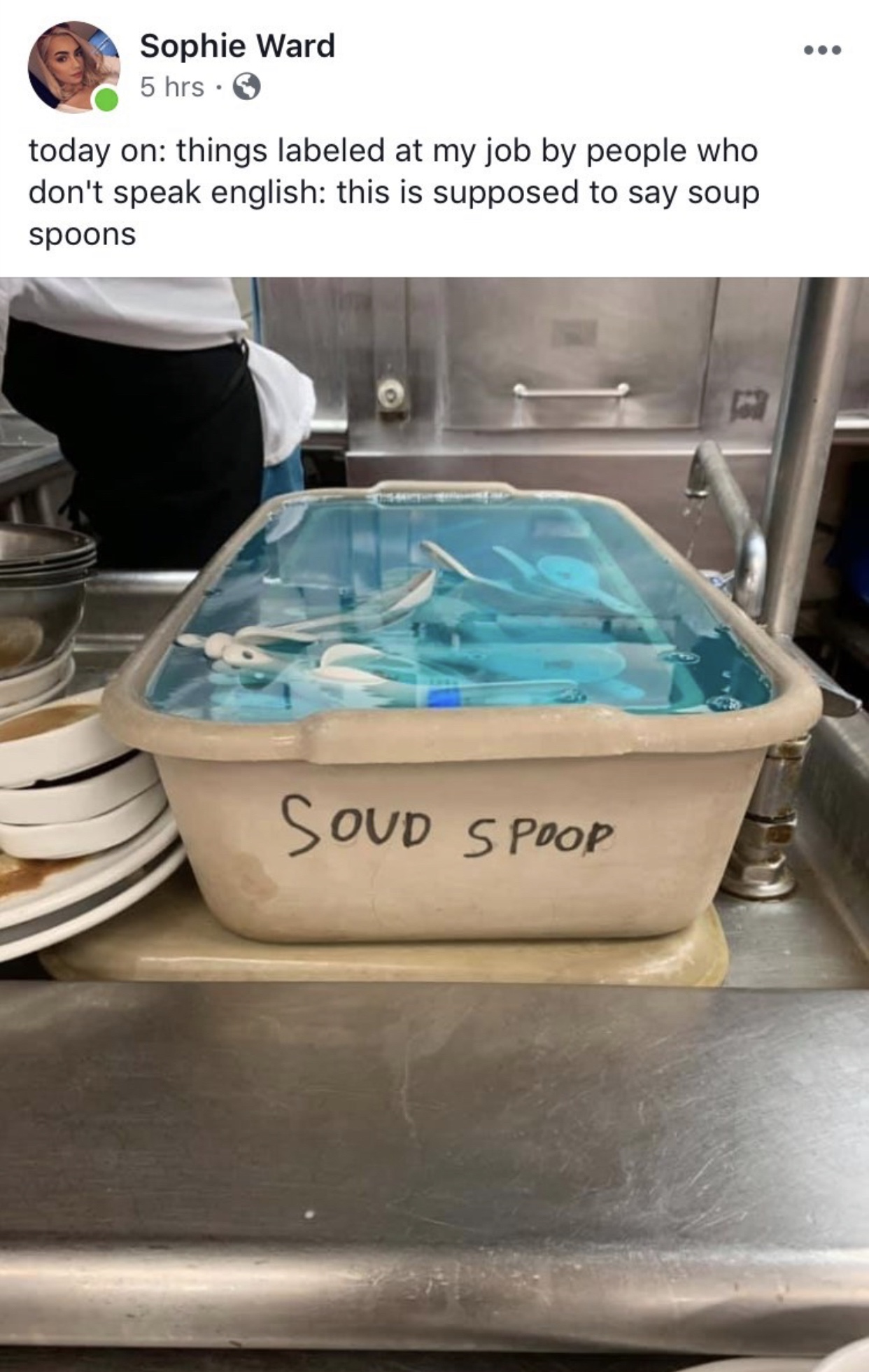 water - Sophie Ward 5 hrs. today on things labeled at my job by people who don't speak english this is supposed to say soup spoons Soud Spoor