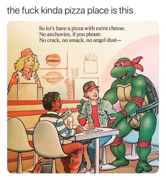 teenage mutant ninja turtles crack smack angel dust pizza - the fuck kinda pizza place is this So let's have a pizza with extra cheese. No anchovies, if you please. No crack, no smack, no angel dust