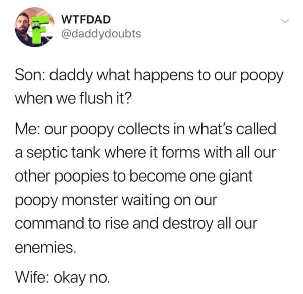 document - Wtfdad Son daddy what happens to our poopy when we flush it? Me our poopy collects in what's called a septic tank where it forms with all our other poopies to become one giant poopy monster waiting on our command to rise and destroy all our ene