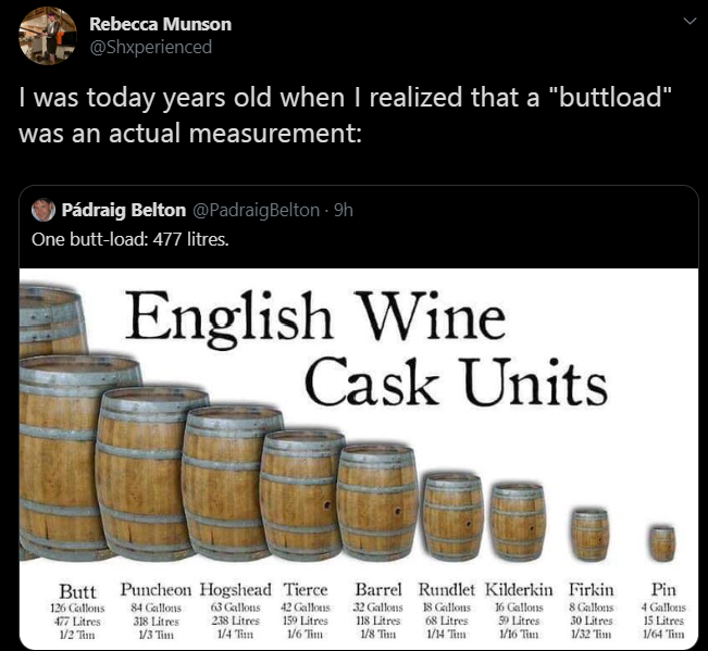 glass bottle - Rebecca Munson I was today years old when I realized that a "buttload", was an actual measurement Pdraig Belton 9h One buttload 477 litres. English Wine Cask Units Butt 126 Callons 177 Litres 12 Tun Puncheon Hogshead Tierce 84 Gallons 63 Ga