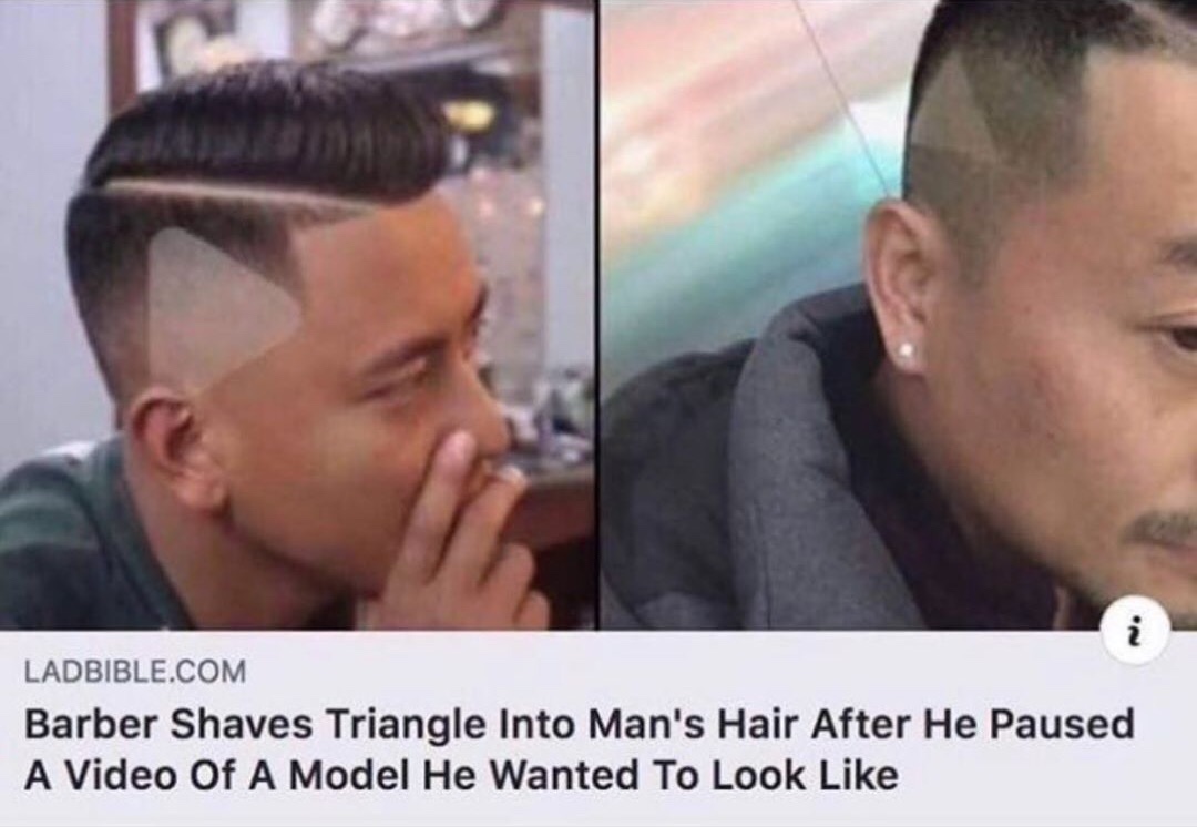 chinese play button haircut - Ladbible.Com Barber Shaves Triangle Into Man's Hair After He Paused A Video Of A Model He Wanted To Look