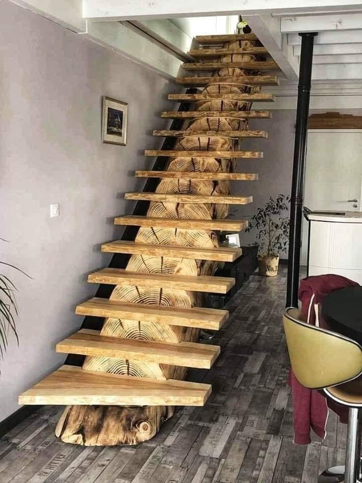 stair case supported by a whole log of a tree