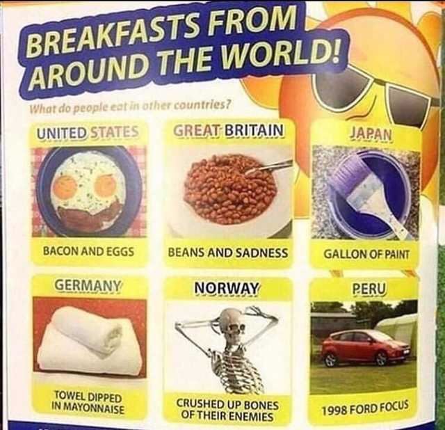 towel dipped in mayonnaise - Breakfasts From Around The World! What do people eatin other countries? United States Great Britain Japan Bacon And Eggs Beans And Sadness Gallon Of Paint Germany Norway Peru Towel Dipped In Mayonnaise Crushed Up Bones Of Thei