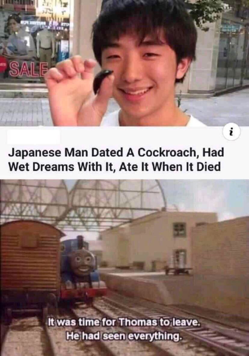 illegal memes - Sale Japanese Man Dated A Cockroach, Had Wet Dreams With It, Ate It When It Died It was time for Thomas to leave. He had seen everything.