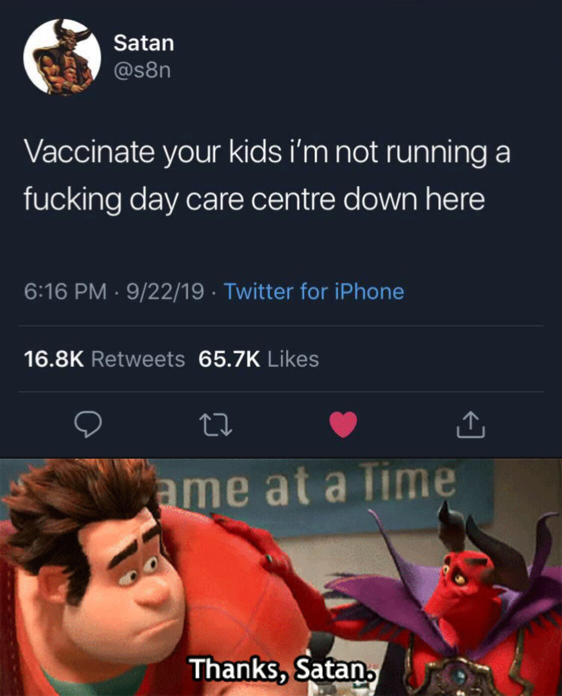 thanks satan gif - Satan Satan Vaccinate your kids i'm not running a fucking day care centre down here 92219 Twitter for iPhone me at a Time Thanks, Satan.