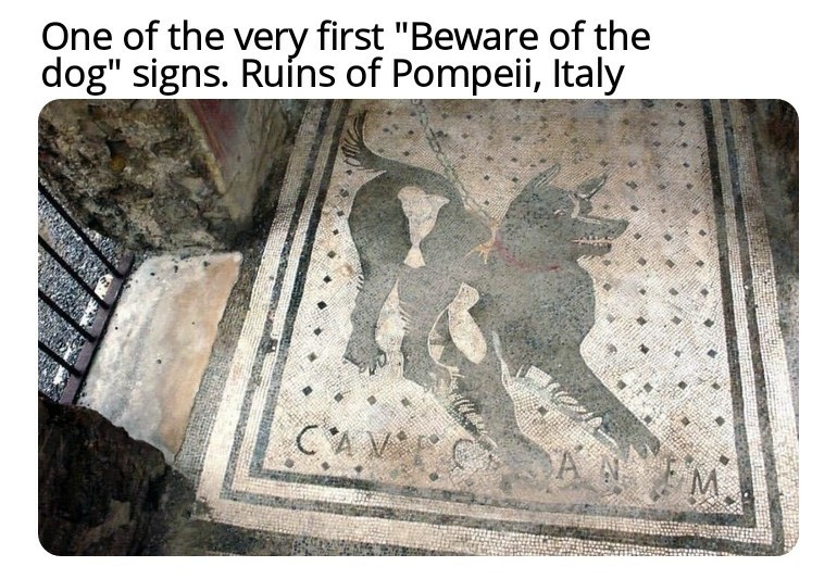 house of the tragic poet - One of the very first "Beware of the dog" signs. Ruins of Pompeii, Italy In