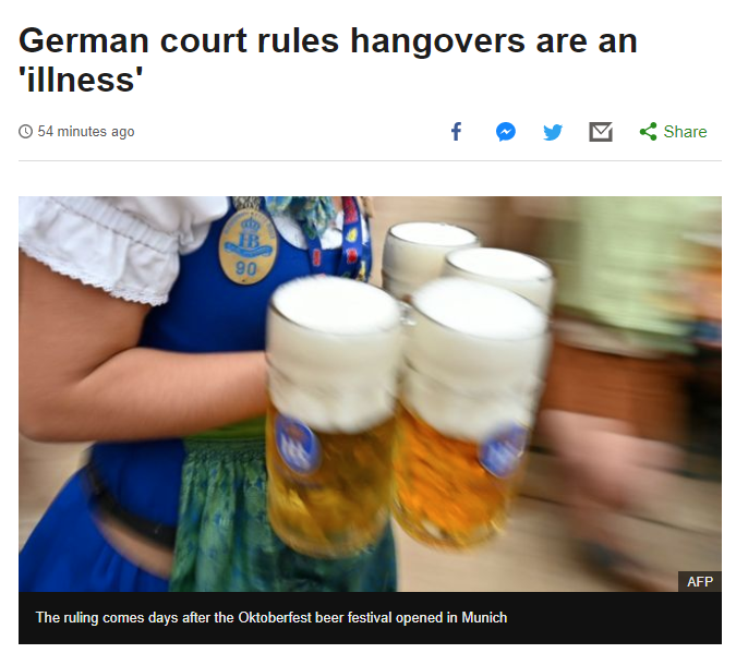 plastic bottle - German court rules hangovers are an 'illness' f y 54 minutes ago 90 Afp The ruling comes days after the Oktoberfest beer festival opened in Munich