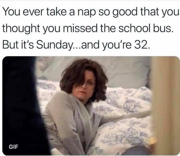 you ever take a nap so good you thought you missed the school bus - You ever take a nap so good that you thought you missed the school bus. But it's Sunday...and you're 32. Gif