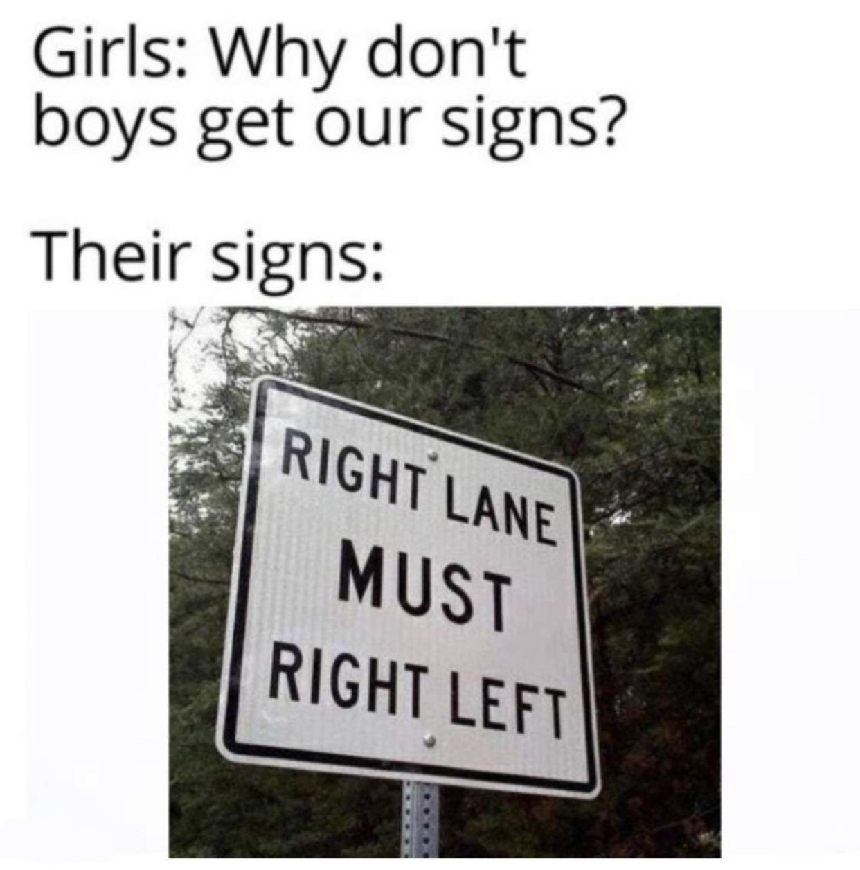 sign - Girls Why don't boys get our signs? Their signs Right Lane Must Right Left