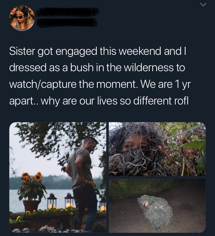 Marriage proposal - Sister got engaged this weekend and I dressed as a bush in the wilderness to watchcapture the moment. We are 1 yr apart.. why are our lives so different rofl
