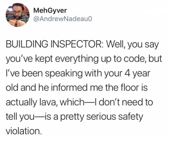 building inspector floor is lava - MehGyver Building Inspector Well, you say you've kept everything up to code, but I've been speaking with your 4 year old and he informed me the floor is actually lava, which don't need to tell youis a pretty serious safe