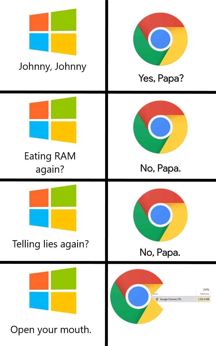 chrome ram meme - Johnny, Johnny Yes, Papa? Eating Ram again? No, Papa. Telling lies again? No, Papa. 249 Memory Google Chrome 19 23524 Mb Open your mouth.