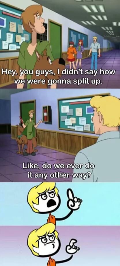 scooby doo fred and daphne meme - Hey, you guys, I didn't say how we were gonna split up. , do we ever do it any other way?