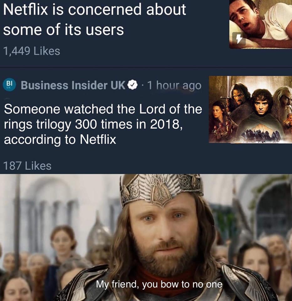lord of the rings you bow to no one - Netflix is concerned about some of its users 1,449 Bi Business Insider Uk . 1 hour ago Someone watched the Lord of the rings trilogy 300 times in 2018, according to Netflix 187 My friend, you bow to no one