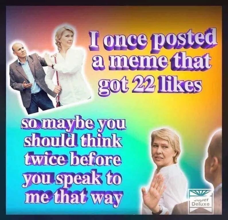 once posted got 22 likes - I once posted a meme that got 22 so maybe you should think twice before you speak to me that way Juper Deluxe