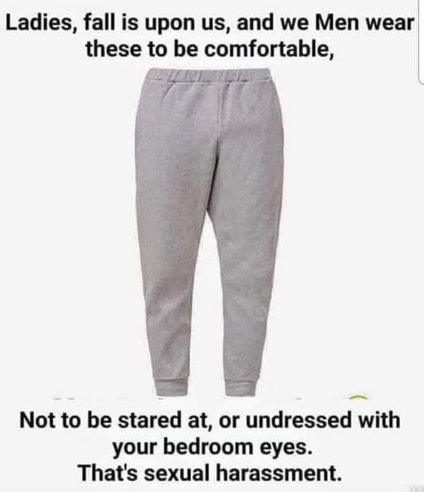 active pants - Ladies, fall is upon us, and we Men wear these to be comfortable, Not to be stared at, or undressed with your bedroom eyes. That's sexual harassment.