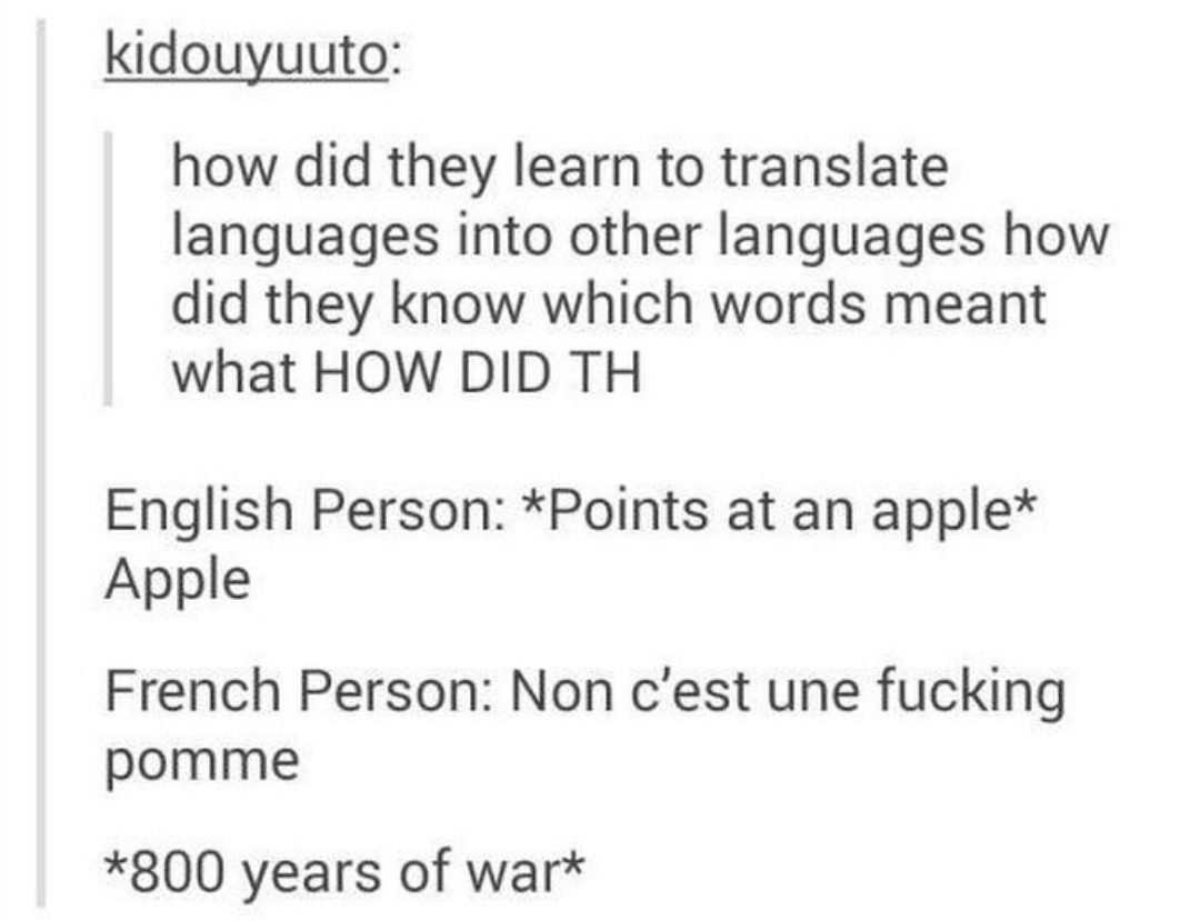 document - kidouyuuto how did they learn to translate languages into other languages how did they know which words meant what How Did Th English Person Points at an apple Apple French Person Non c'est une fucking pomme 800 years of wart
