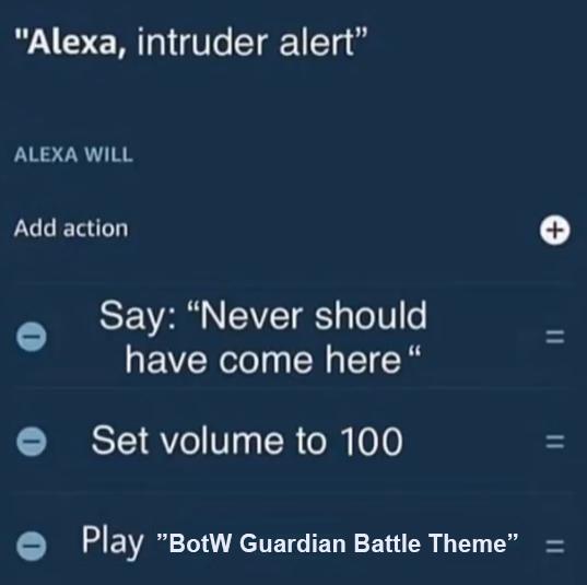 The Elder Scrolls V: Skyrim - "Alexa, intruder alert" Alexa Will Add action Say "Never should have come here" e Set volume to 100 BotW Guardian Battle Theme"