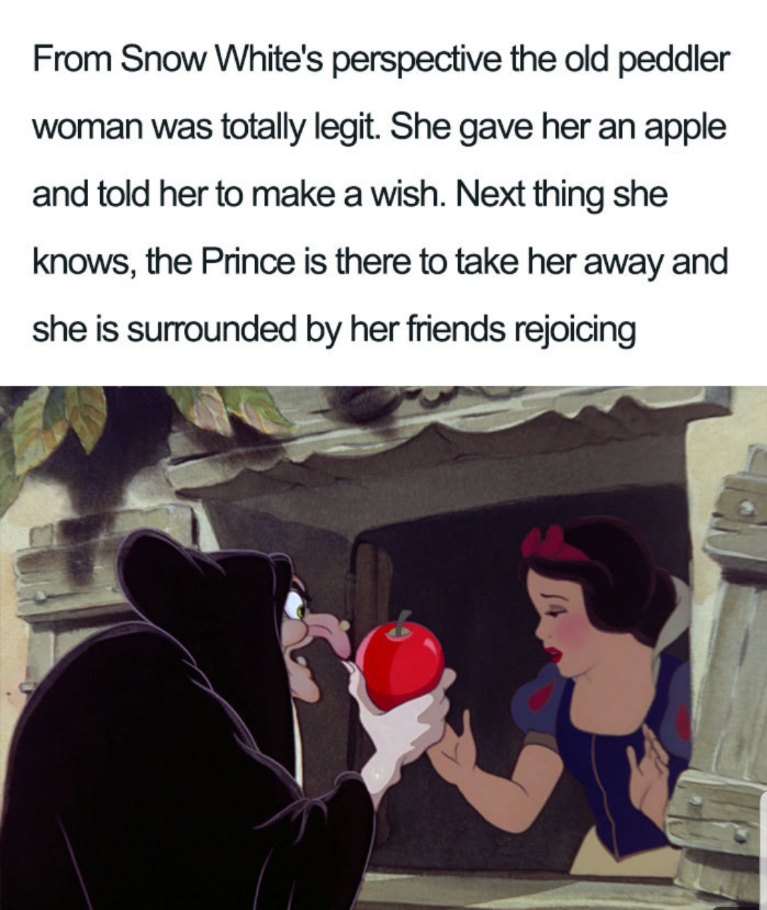 cartoon - From Snow White's perspective the old peddler woman was totally legit. She gave her an apple and told her to make a wish. Next thing she knows, the Prince is there to take her away and she is surrounded by her friends rejoicing