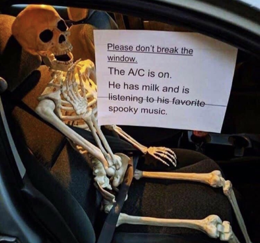 2019 spooky memes - Please don't break the window. The AC is on. He has milk and is listening to his favorite spooky music.