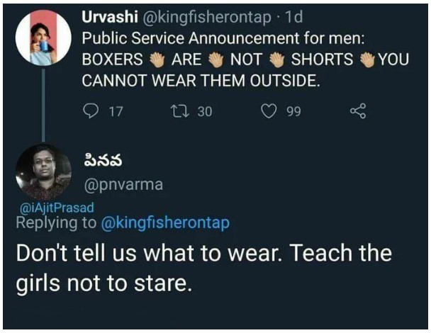 Urvashi . 1d Public Service Announcement for men Boxers Are Not Shorts Cannot Wear Them Outside. You 9 17 27 30 99 Don't tell us what to wear. Teach the girls not to stare.