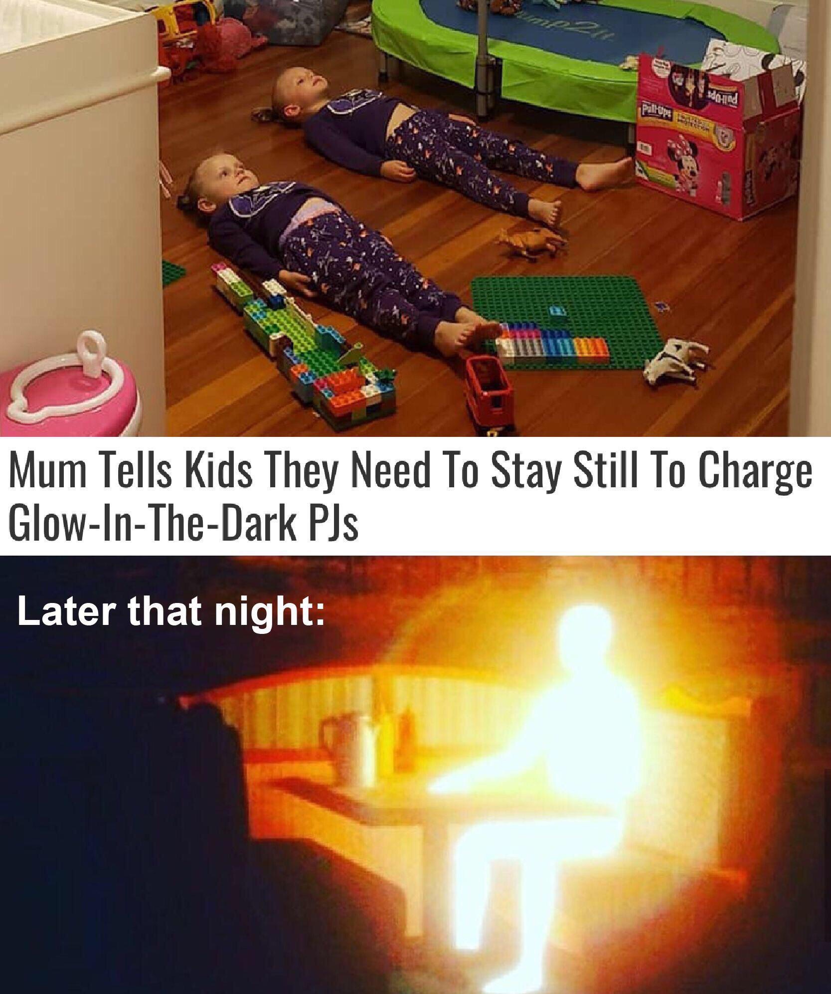 Pajamas - Mum Tells Kids They Need To Stay Still To Charge GlowInTheDark Pjs Later that night