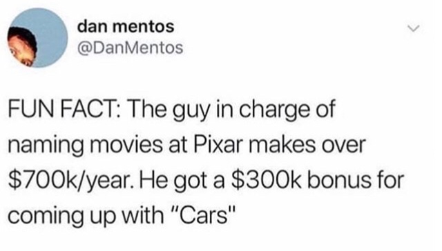 donald trump tweets - dan mentos Fun Fact The guy in charge of naming movies at Pixar makes over $year. He got a $ bonus for coming up with "Cars"